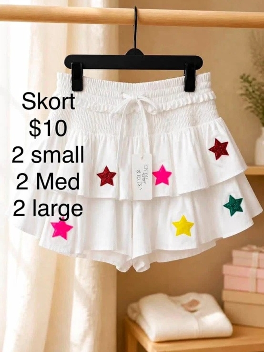 Women’s White Tiered Skort High Rise Elastic Drawstring Star Accents